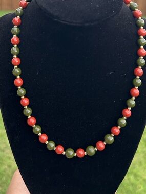 Handmade Brick Red and Olive Bead Necklace